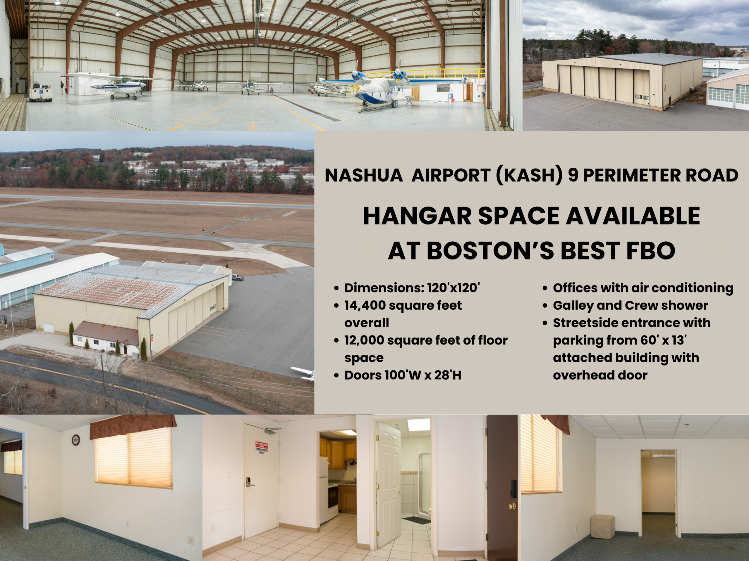 Hangar space available at Nashua Airport, Boston's best FBO. Features include office, galley, parking, and more.