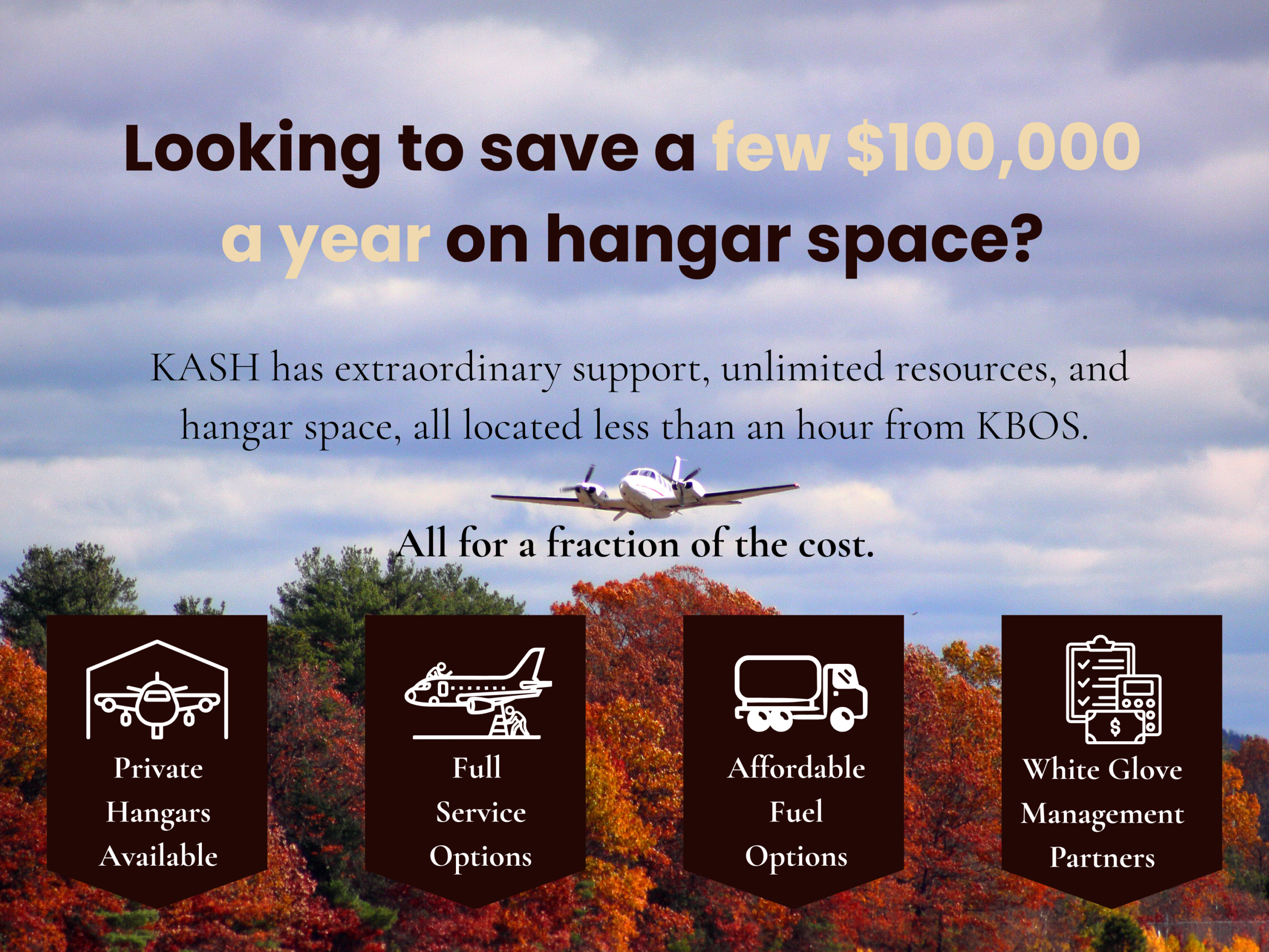 Save on hangar space at KASH with affordable options and services near KBOS. Enjoy premium benefits at reduced costs.