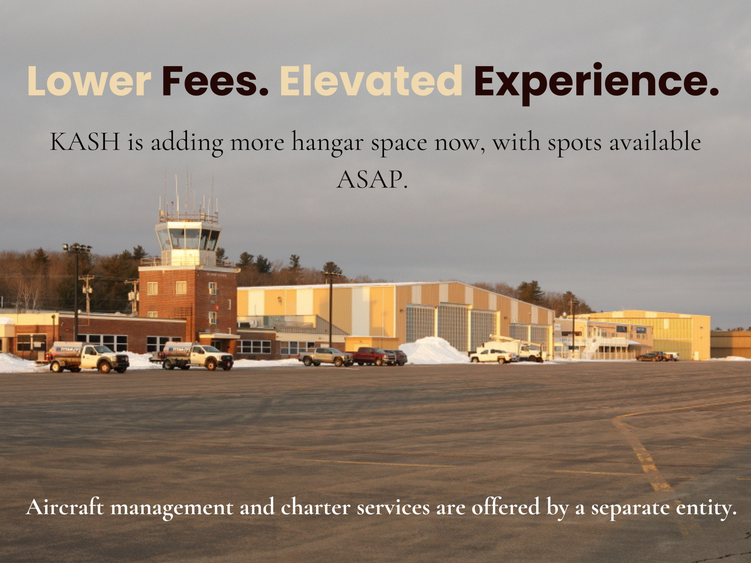 Airport with hangar space available, highlighting lower fees and elevated experience. Tower and vehicles on the tarmac.