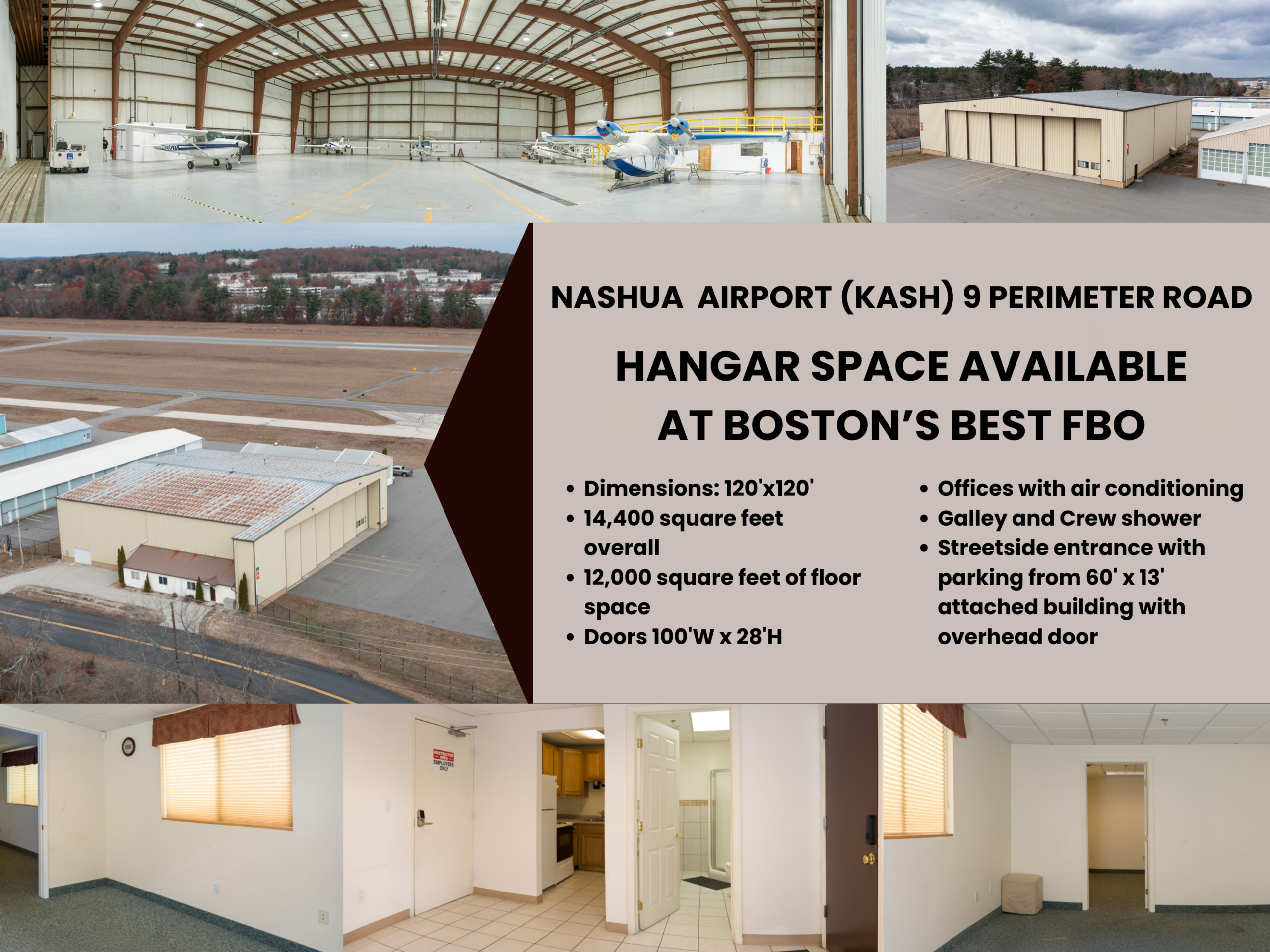 Hangar space available at Nashua Airport, Boston's FBO. Includes offices, galley, and parking. Dimensions: 120'x120'.